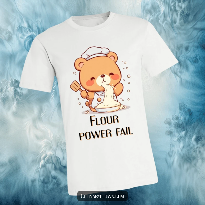 Funny T-Shirt showing a cute kawaii bear chef comically spraying flour everywhere, embodying kitchen fun and mild disaster.