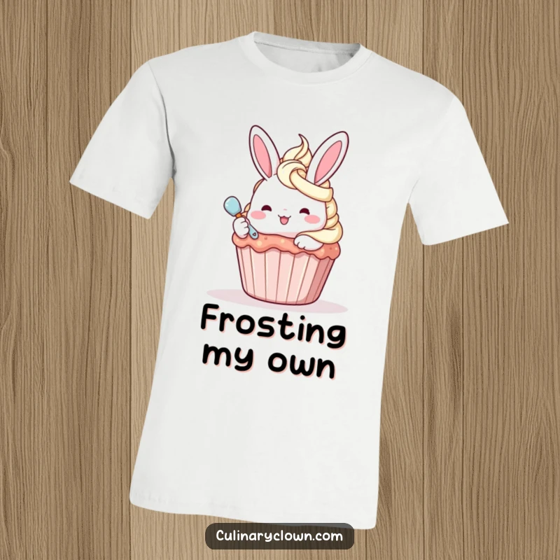 Funny kawaii bunny character joyfully frosting a giant cupcake on a t-shirt, radiating happiness.