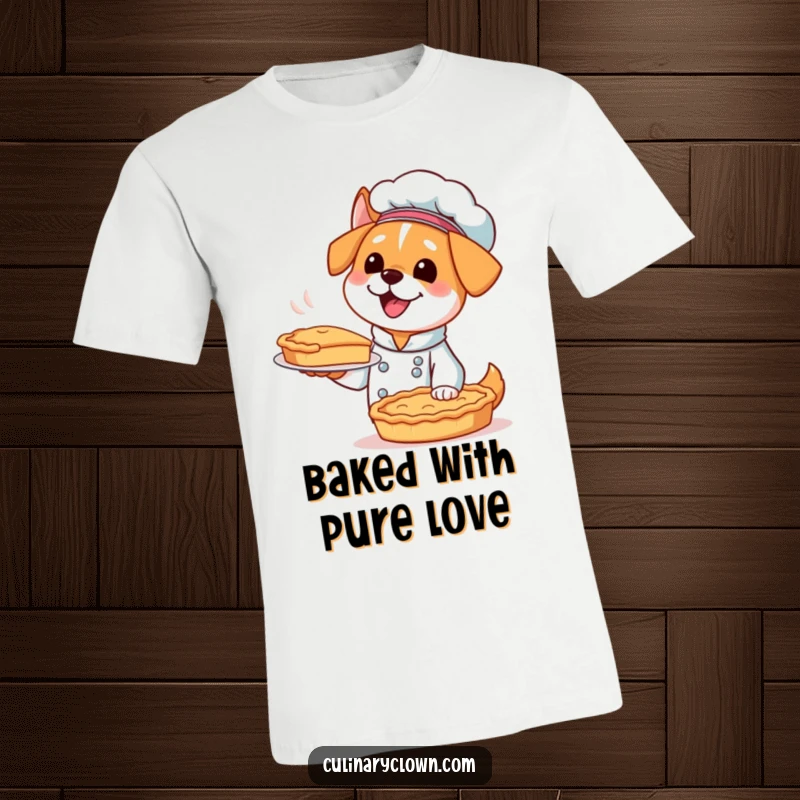 Funny Kawaii Dog Chef T-Shirt: An excited dog chef proudly displays a perfectly baked pie, radiating baking joy.