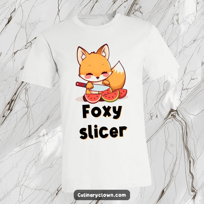Funny kawaii fox character carefully slicing a vibrant fruit on a t-shirt, looking focused and healthy.