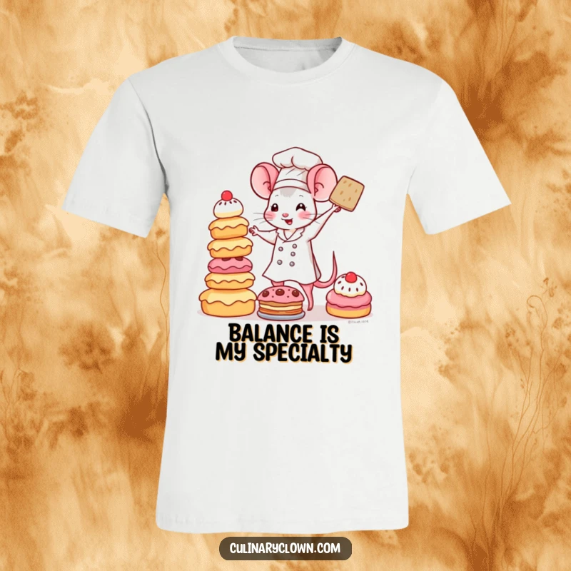 Funny Kawaii Mouse Chef T-Shirt: A cute mouse chef attempting to balance a leaning tower of colorful pastries, with one pastry wobbling precariously.