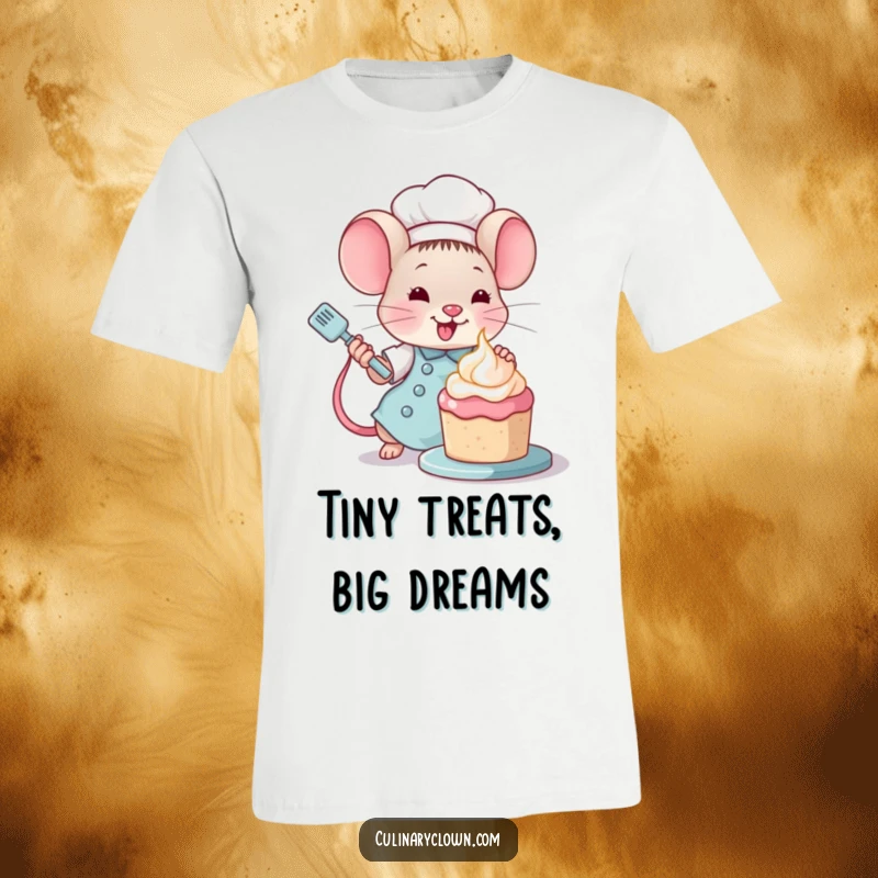 Funny Kawaii Mouse Chef T-Shirt: Adorable mouse chef decorating a tiny cake with frosting, perfect for bakers.