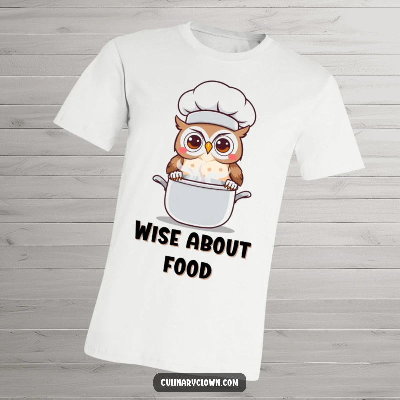 Funny Kawaii Owl Chef T-Shirt: Adorable cartoon owl chef with curious eyes peeking over a steaming pot, a fun and whimsical design.