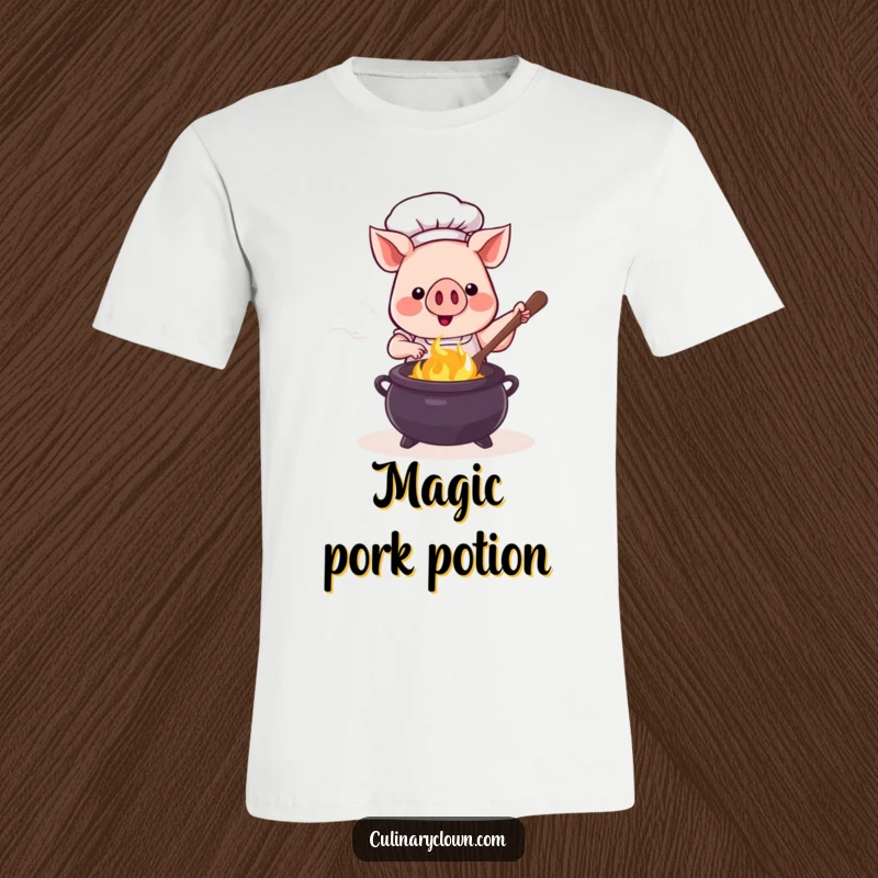Funny kawaii pig chef with a chef hat stirring a magical, bubbling cauldron with a ladle on a t-shirt.