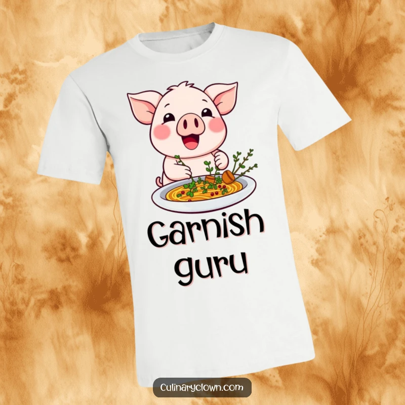 Funny kawaii pig character enthusiastically garnishing a dish with herbs on a t-shirt, looking delighted.