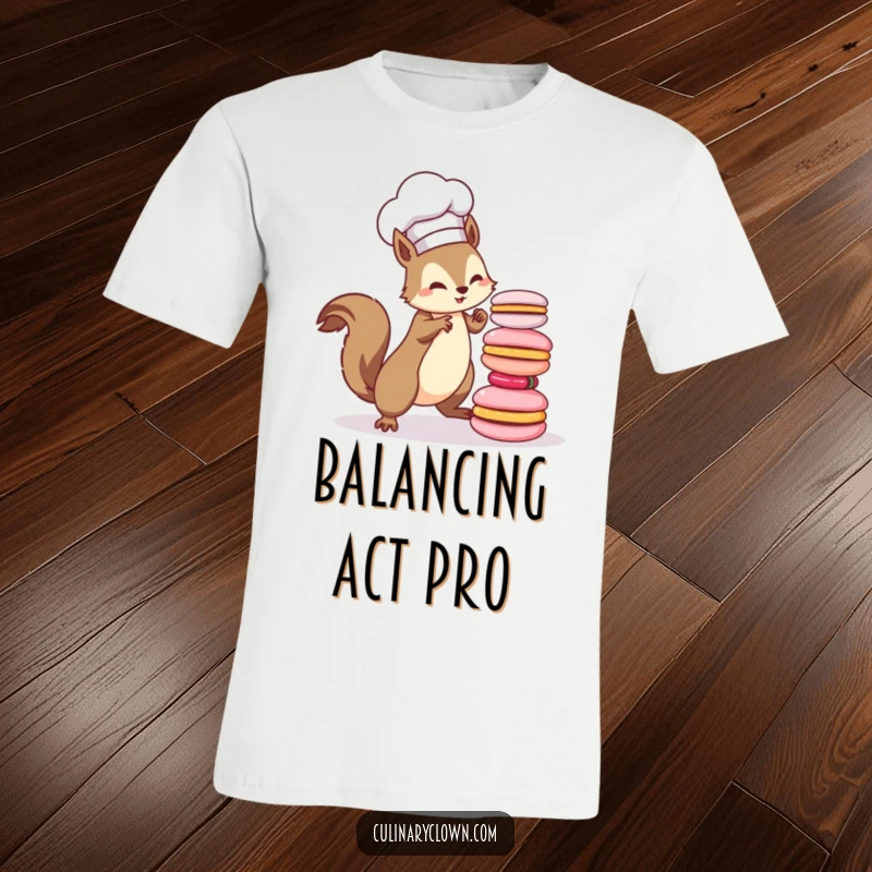 Funny kawaii squirrel chef struggling to balance a wobbly tower of colorful macarons, wearing a chef hat, on a t-shirt.