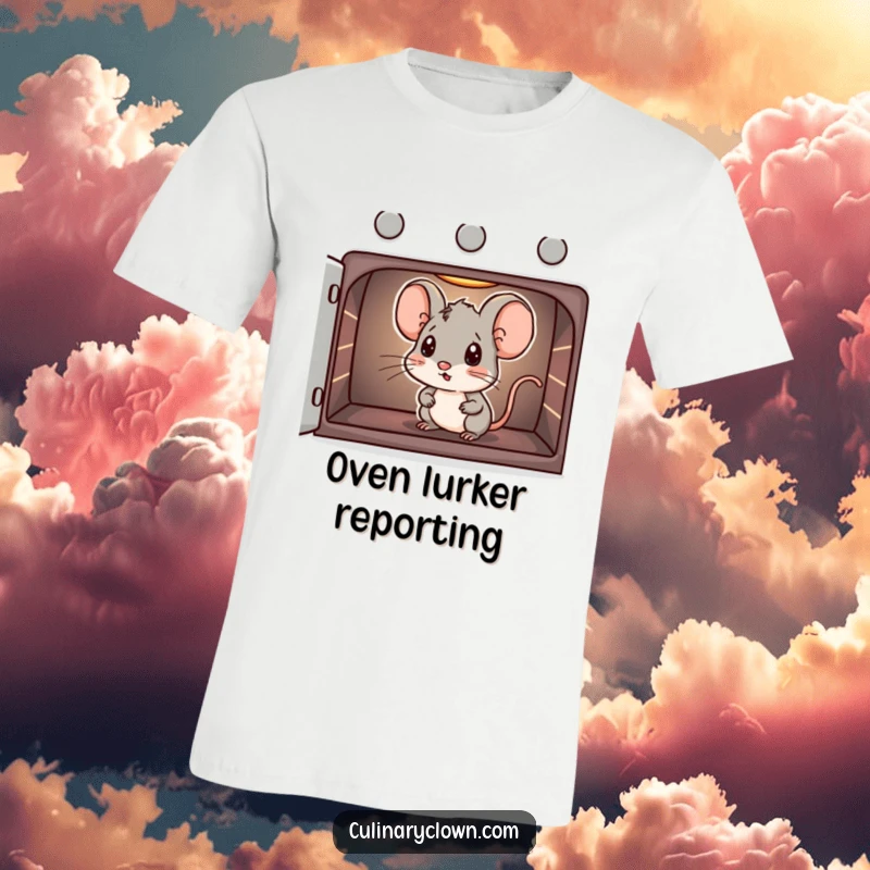Funny t-shirt featuring a small mouse peeking into a hot oven, looking intrigued by the baking process.