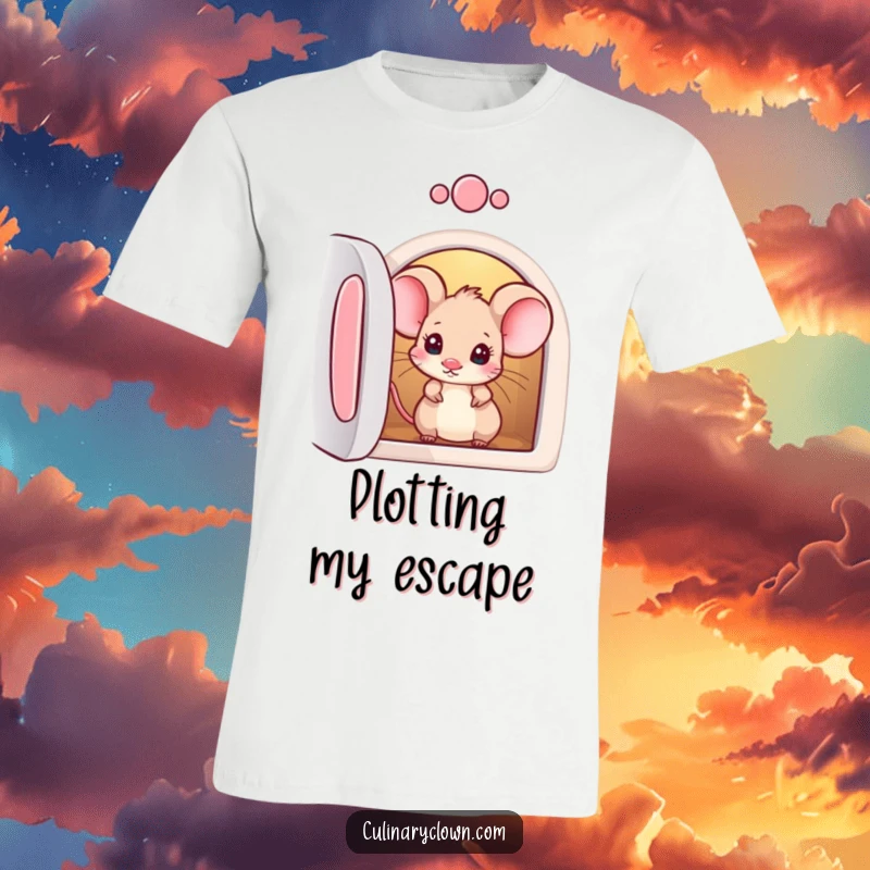 Funny t-shirt of a curious mouse character intently peeking into a kitchen oven, full of wonder.
