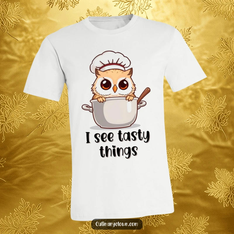 Funny owl chef in a chef hat, peeking into a steaming pot, on a t-shirt, for the inquisitive cook.