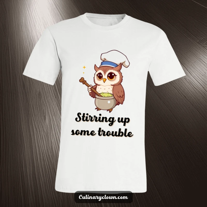 Funny T-Shirt depicting a curious owl chef intently stirring a bubbling potion with a wooden spoon, showcasing magical cooking.