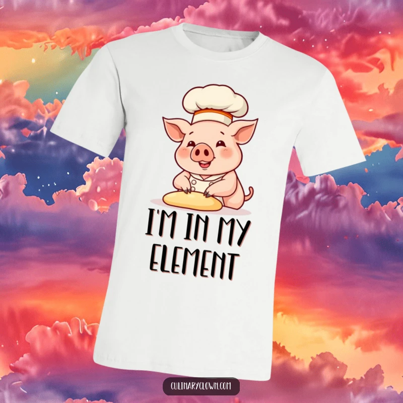 Funny pig chef in a tall hat, actively kneading dough, on a t-shirt, celebrating culinary arts with humor.