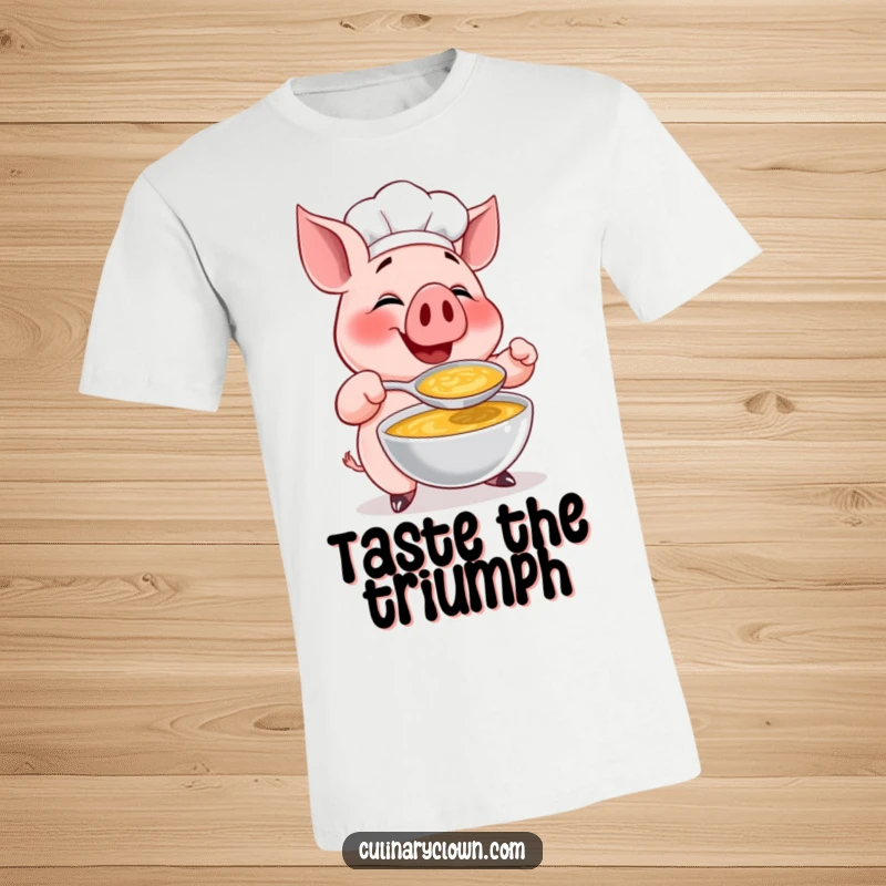 Funny t-shirt displaying a joyful pig chef character savoring a huge spoonful of soup with evident pleasure and culinary expertise.