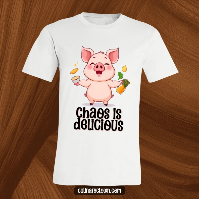 Funny t-shirt featuring a cheerful pig character skillfully juggling multiple cooking ingredients with a mischievous grin.