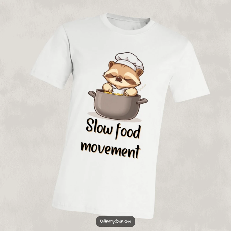 Funny sloth chef t-shirt showing a drowsy sloth in a chef uniform, gently stirring a massive pot with a calm, unhurried expression.