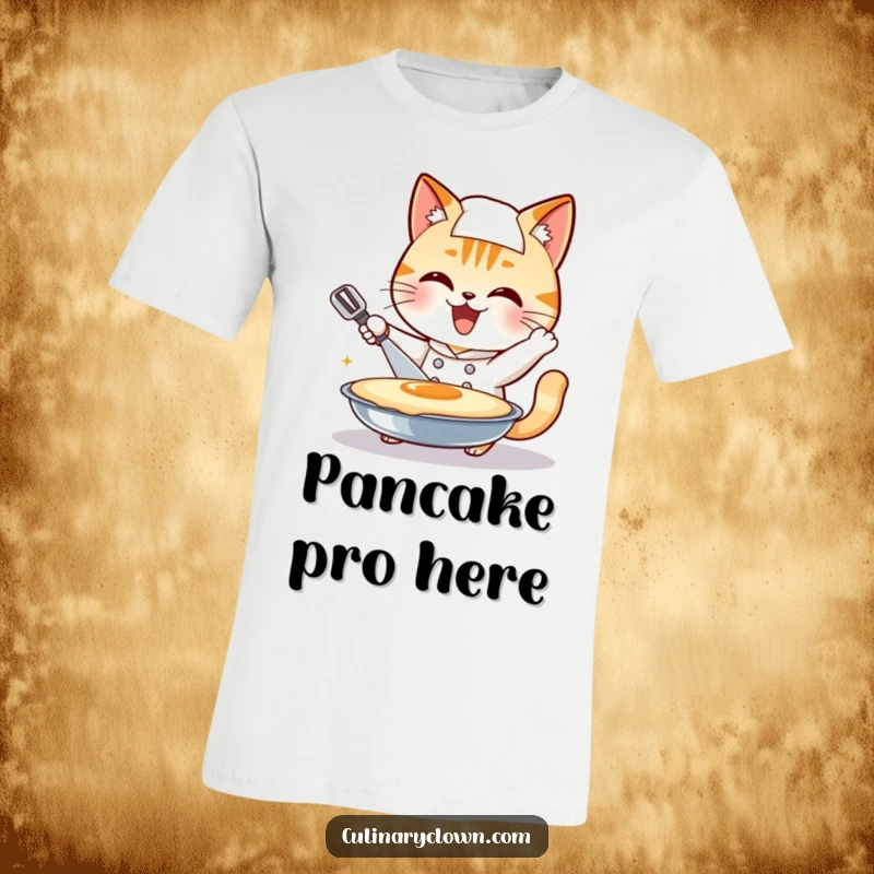 Funny cat chef character enthusiastically attempting to flip a huge pancake, on a comical t-shirt, a great funny gift.