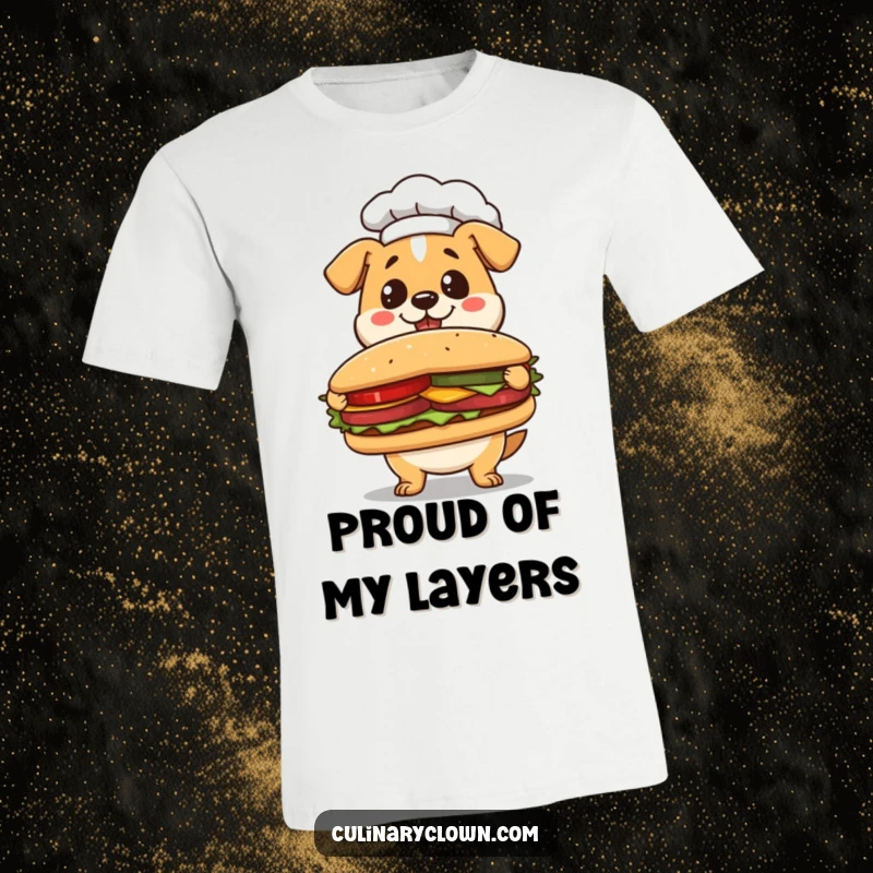 Funny Kawaii Dog Chef T-Shirt: Adorable dog chef proudly presenting a giant sandwich, perfect for food lovers.