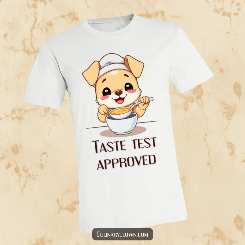 Funny t-shirt featuring a gleeful puppy chef with a look of pure bliss while tasting a spoonful of soup.