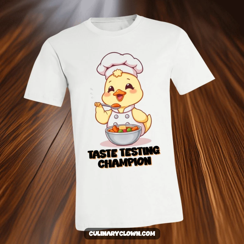 Funny Kawaii Duck Chef T-Shirt: A cute duck chef is joyfully tasting a large spoonful of bubbling stew, with a happy expression on its face.