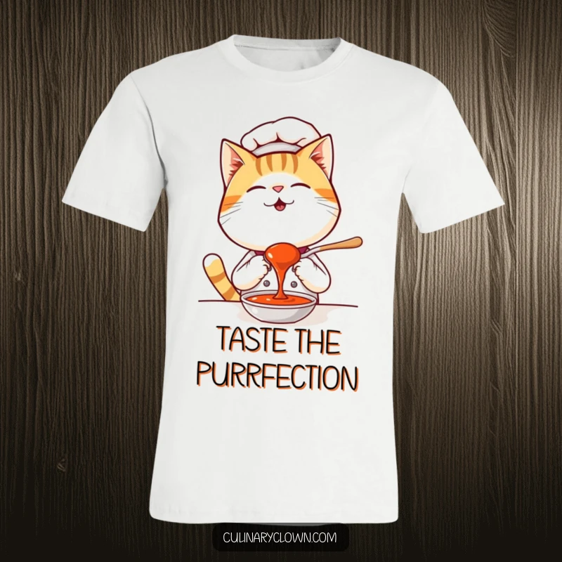 Funny Kawaii Cat Chef T-Shirt: A giggling cat wearing a chef's hat enjoys a spoonful of sauce, highlighting foodie joy.