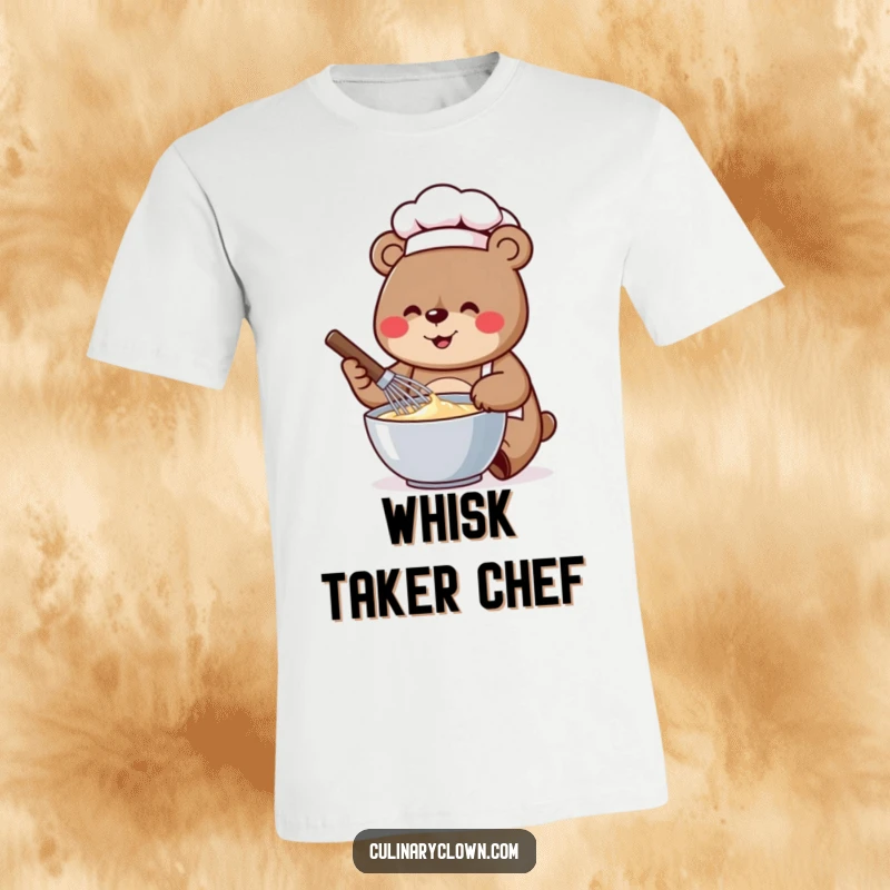 Funny t-shirt graphic of a jolly bear chef energetically whisking batter in a bowl with a determined expression.