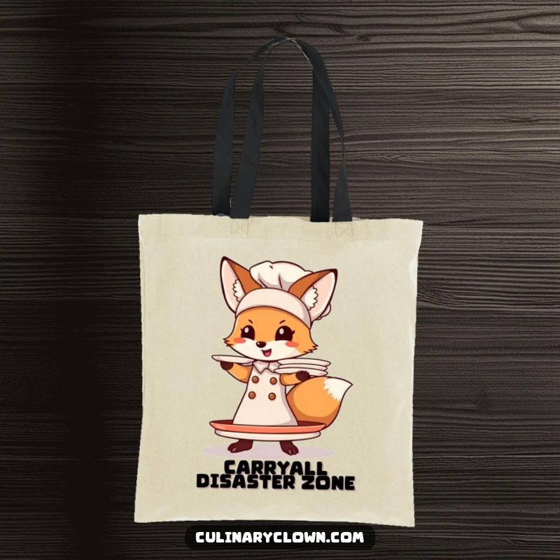 Funny Fox Chef Tote Bag: A comical fox chef juggles plates, making this a humorous and practical bag for everyday use.