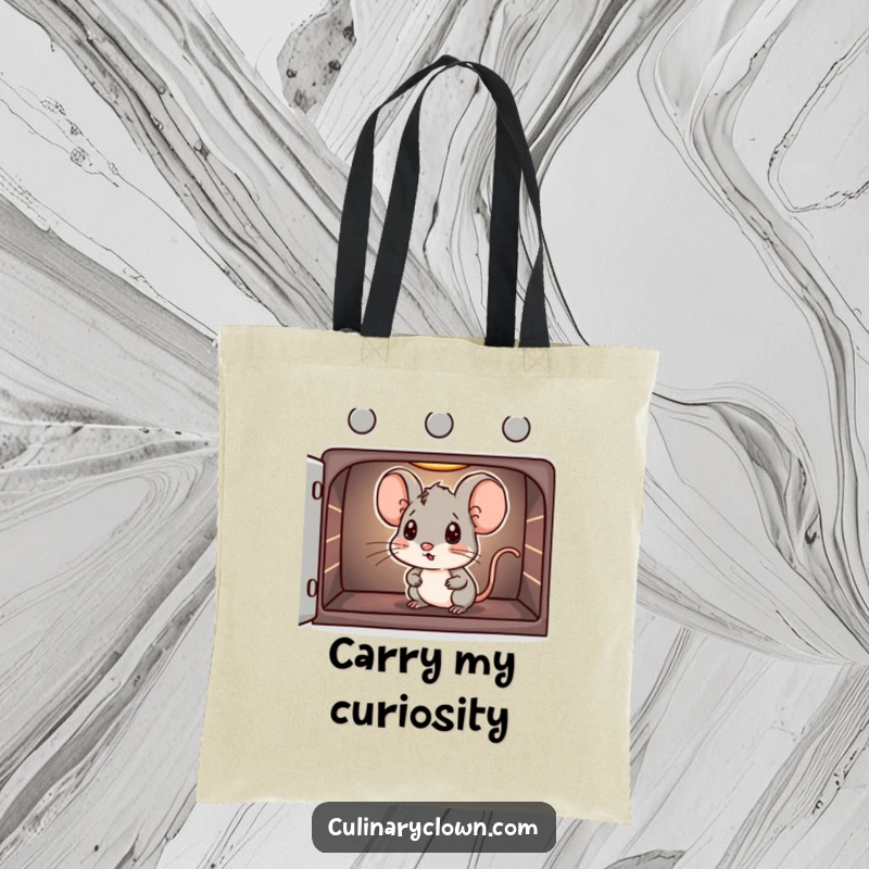 Funny tote bag showing a curious mouse peeking into an oven, perfect for carrying baking supplies.