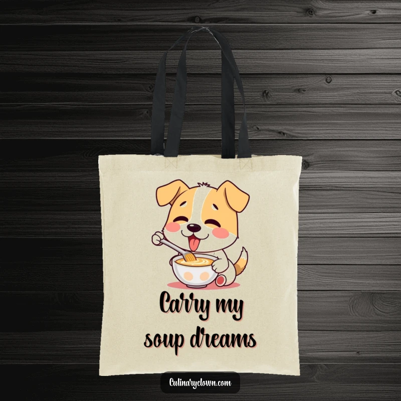 Funny tote bag with a delighted dog character savoring soup, perfect for stylish and humorous everyday carry.