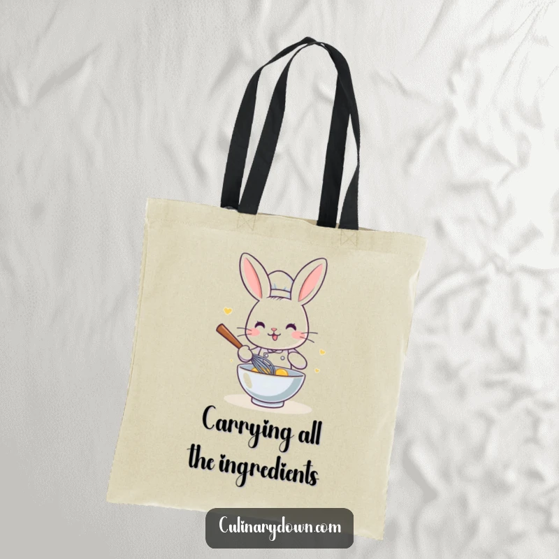 Funny Kawaii Rabbit Chef Tote Bag: A durable and cute tote featuring a cartoon rabbit chef whisking ingredients, ideal for shopping and more.