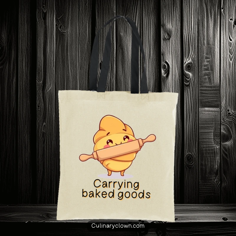 Funny Tote Bag showcasing a croissant character with a rolling pin, perfect for carrying baking essentials with a humorous touch.