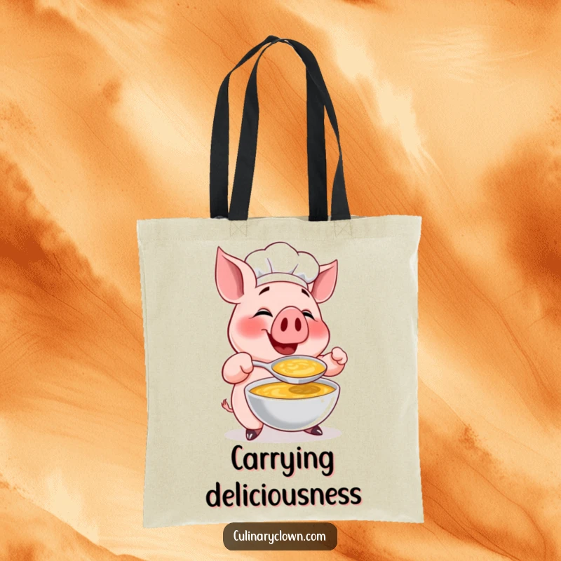 Funny tote bag with a gleeful pig chef character tasting a giant spoonful of soup, perfect for grocery runs.