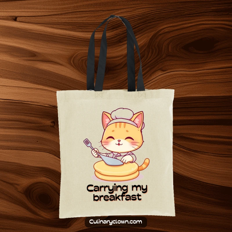Funny kawaii cat chef in a chef hat struggling with a giant pancake, designed on a durable tote bag.