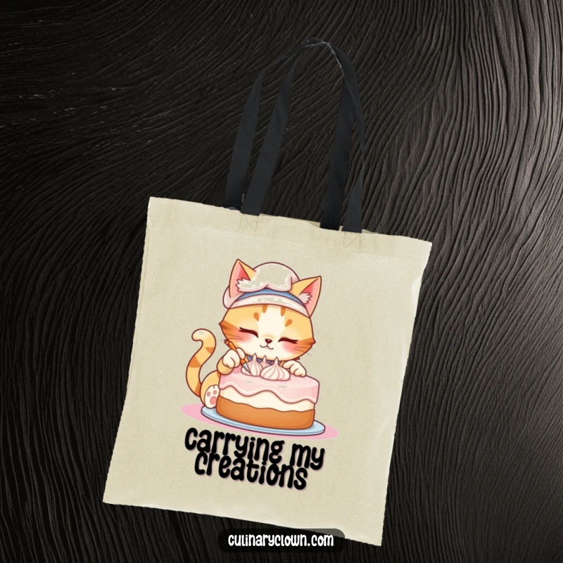 Funny tote bag with a mischievous cat chef artfully decorating a cake, ideal for carrying groceries or baking tools.