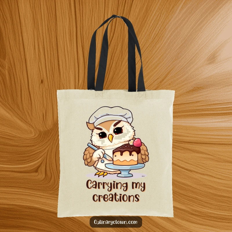 Funny owl chef tote bag displaying a focused owl with a chef's hat, hands busy decorating a small, detailed cake.