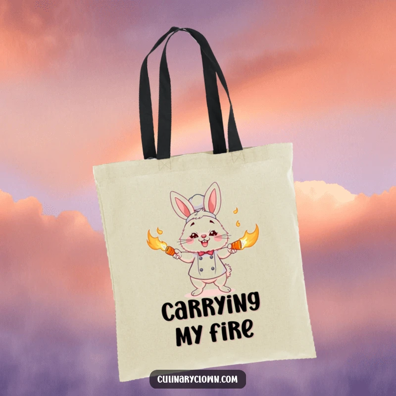 Funny bunny chef character juggling flaming carrots with intense focus, on a durable tote bag, ideal funny gift.