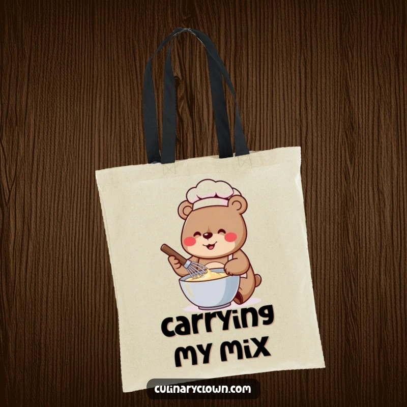 Funny tote bag depicting a cheerful bear chef enthusiastically whisking batter in a bowl, ready for baking.