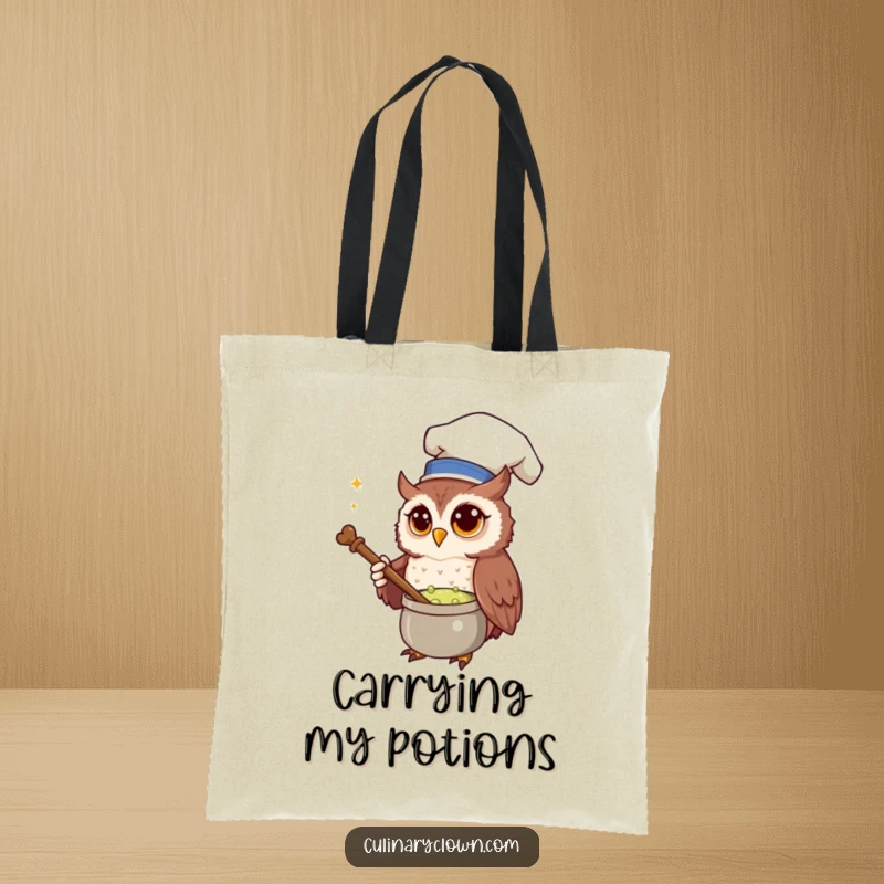 Funny Tote Bag with a curious owl chef stirring a bubbling potion, perfect for carrying magical ingredients and everyday items.