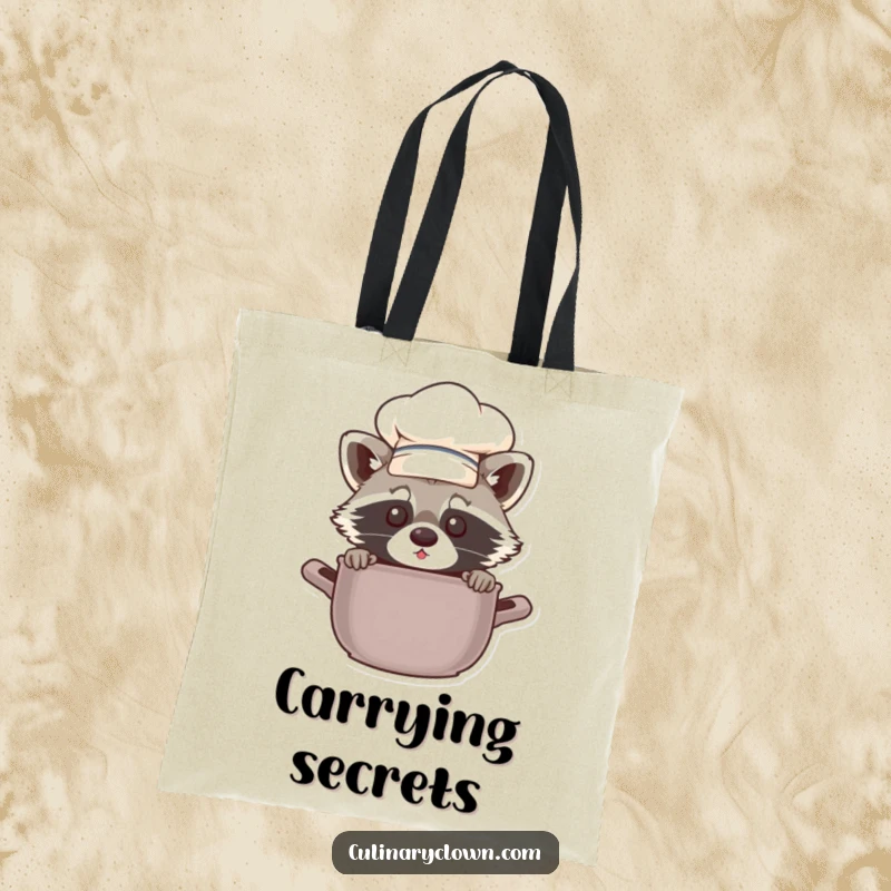 Funny chef raccoon peeking from a tote bag, a practical and humorous accessory illustration.