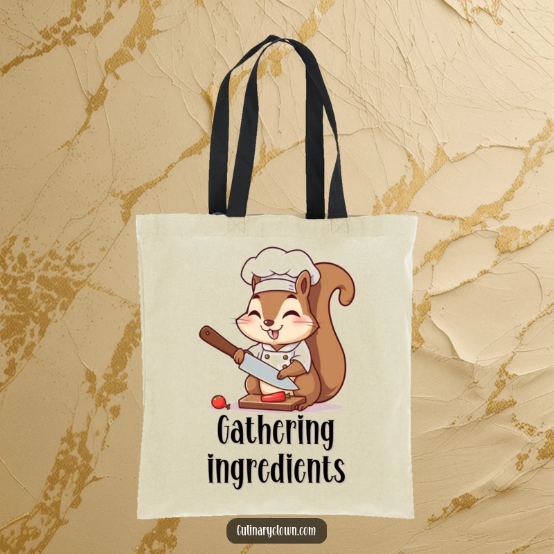 Funny chef squirrel in mid-chop, illustrated on a durable and humorous tote bag for everyday use.