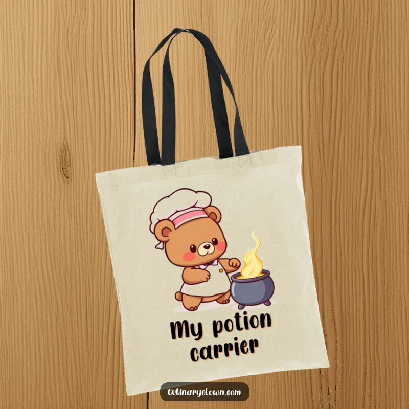 Cute bear chef character stirring a bubbling cauldron, on a durable tote bag, ideal funny gift.