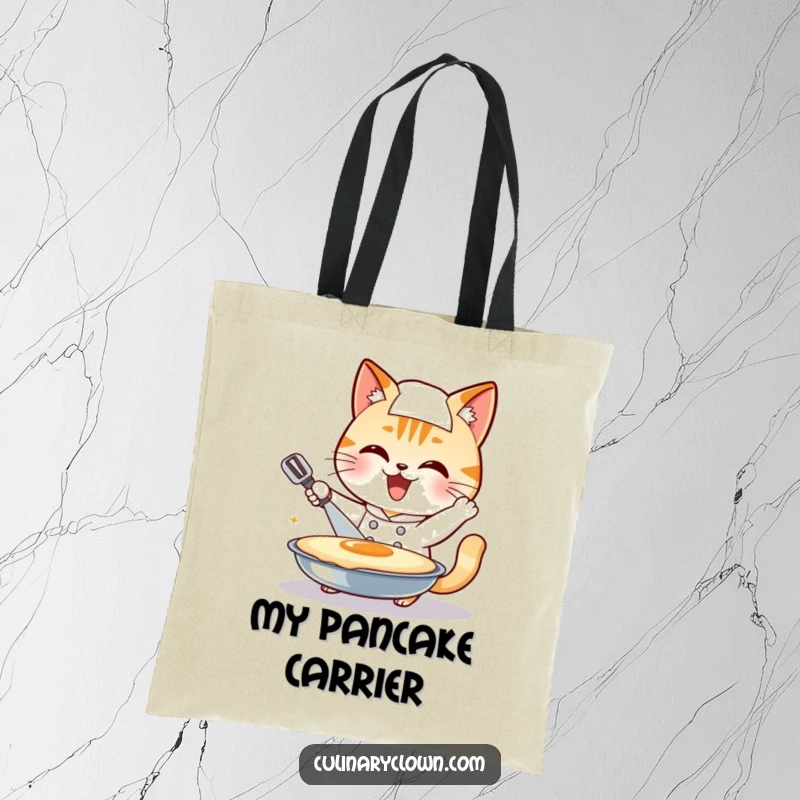 Funny cat chef character enthusiastically attempting to flip a giant pancake, on a durable tote bag, ideal funny gift.