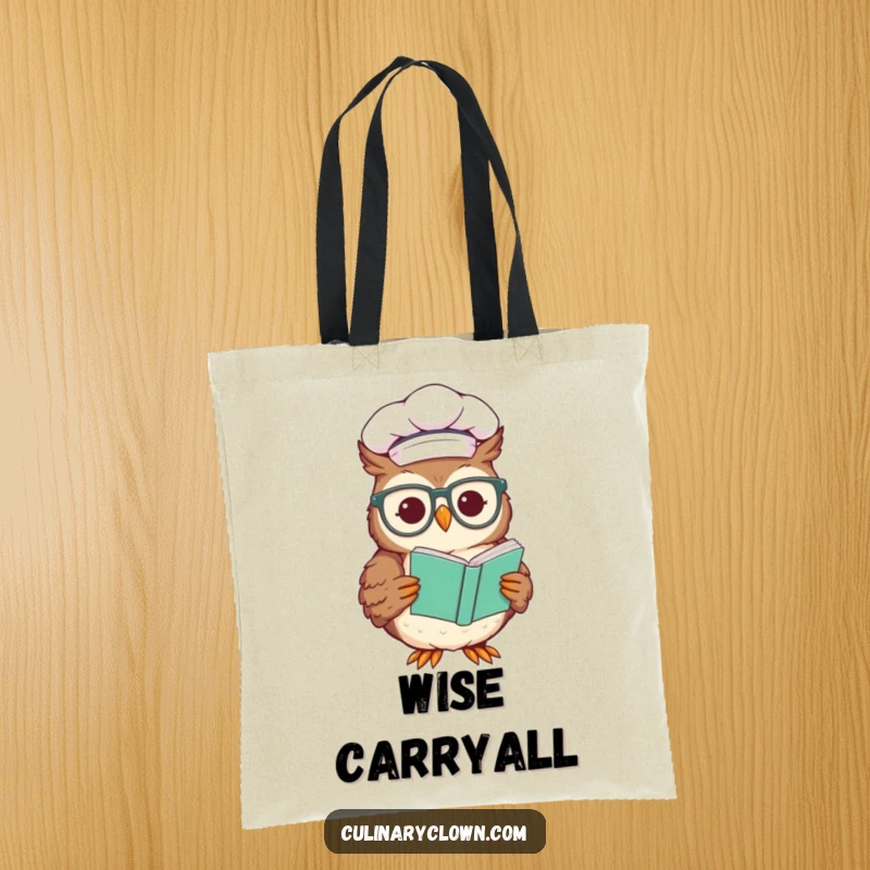 Funny tote bag with a smiling chef owl wearing glasses, reading a recipe, perfect for carrying kitchen essentials with wisdom.