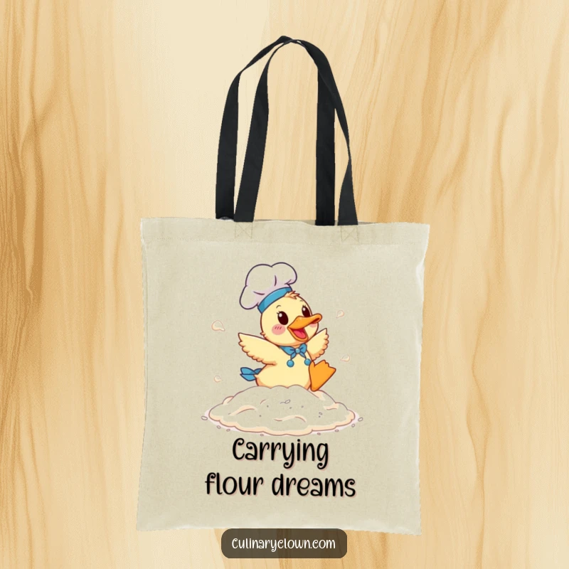 Funny Duck Chef Tote Bag: A duck chef tumbling in flour, perfect for carrying baking supplies humorously.