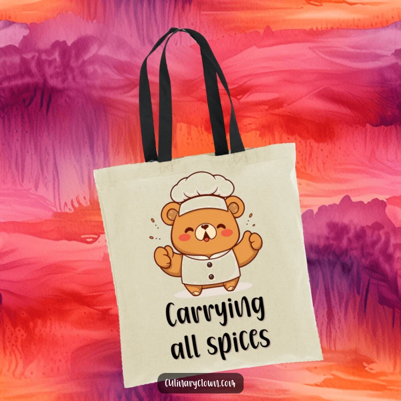 Funny kawaii bear chef triumphantly sprinkling seasoning on a durable tote bag, great for carrying groceries and culinary inspiration.