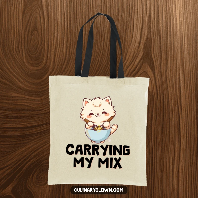 Funny kawaii cat character whisking batter in a bowl on a tote bag, for a delightful baker.