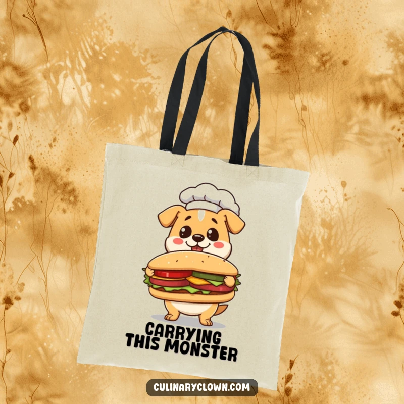 Funny Kawaii Dog Chef Tote Bag: Cute dog chef presenting a giant sandwich, ideal for carrying groceries.