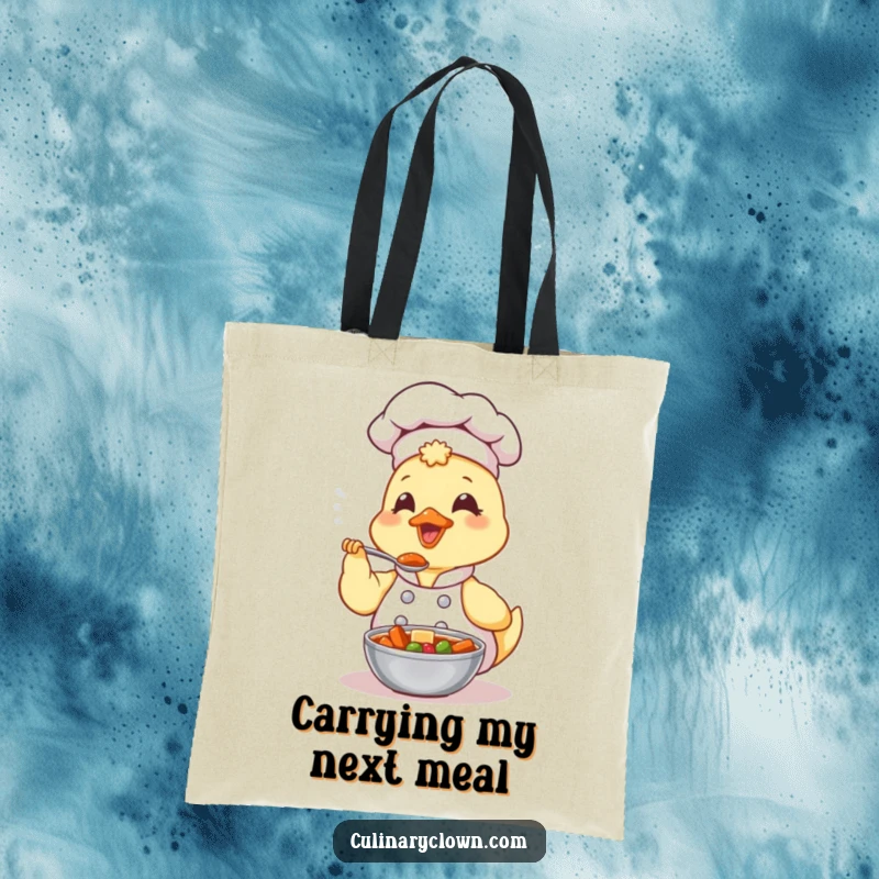 Funny Kawaii Duck Chef Tote Bag: A cute duck chef happily tasting a spoonful of stew, perfect for carrying groceries and food essentials.