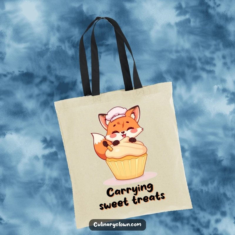 Funny Kawaii Fox Chef Tote Bag: A durable and cute tote featuring a cartoon fox chef joyfully decorating a giant cupcake, perfect for errands.