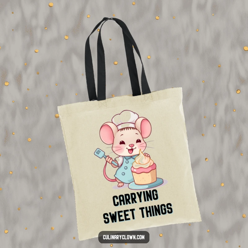 Funny Kawaii Mouse Chef Tote Bag: Cute mouse chef decorating a cake, ideal for carrying baking supplies.