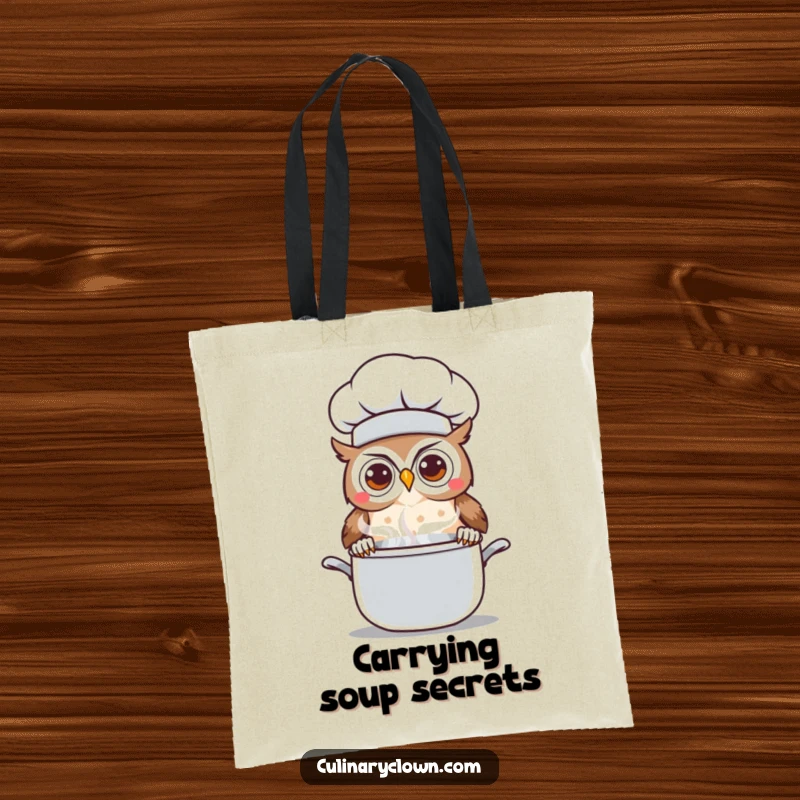 Funny Kawaii Owl Chef Tote Bag: A durable tote featuring a cute cartoon owl chef peeking curiously over a steaming pot, ideal for everyday use.