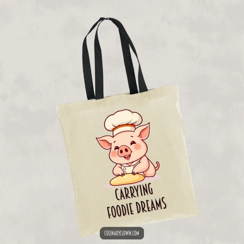 Funny smiling pig chef with a tall hat, kneading dough, on a tote bag, ideal for grocery runs and kitchen tools.